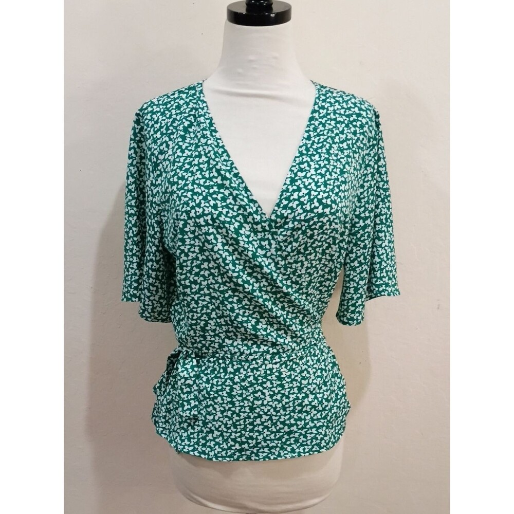 Kaileigh Stitch Fix Green And White Floral Peplum Wrap Blouse, Size M